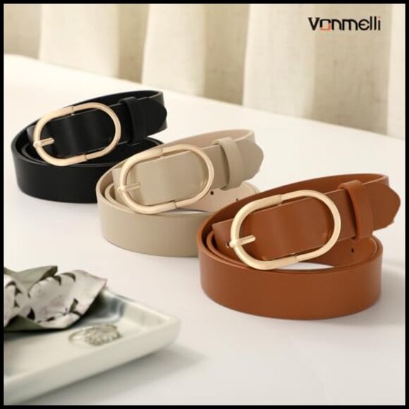 3 Pack Faux Leather Belts with Gold Buckle for Women